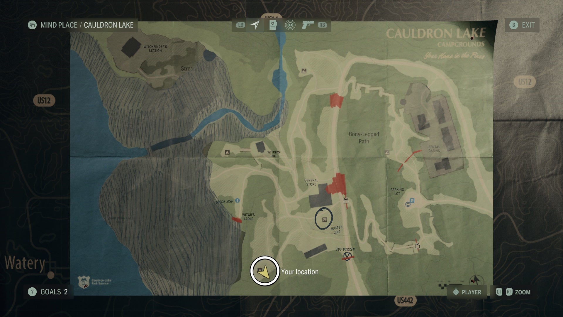 cauldron lake map of a lunch box location circled in white