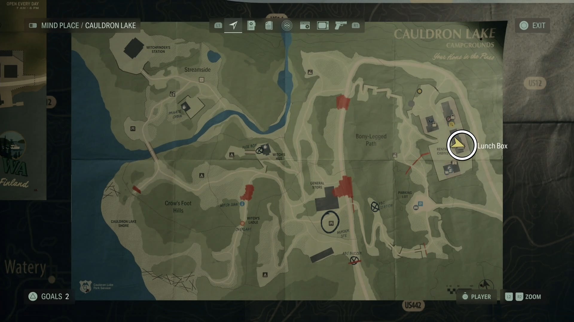 cauldron lake map of a lunch box location circled in white
