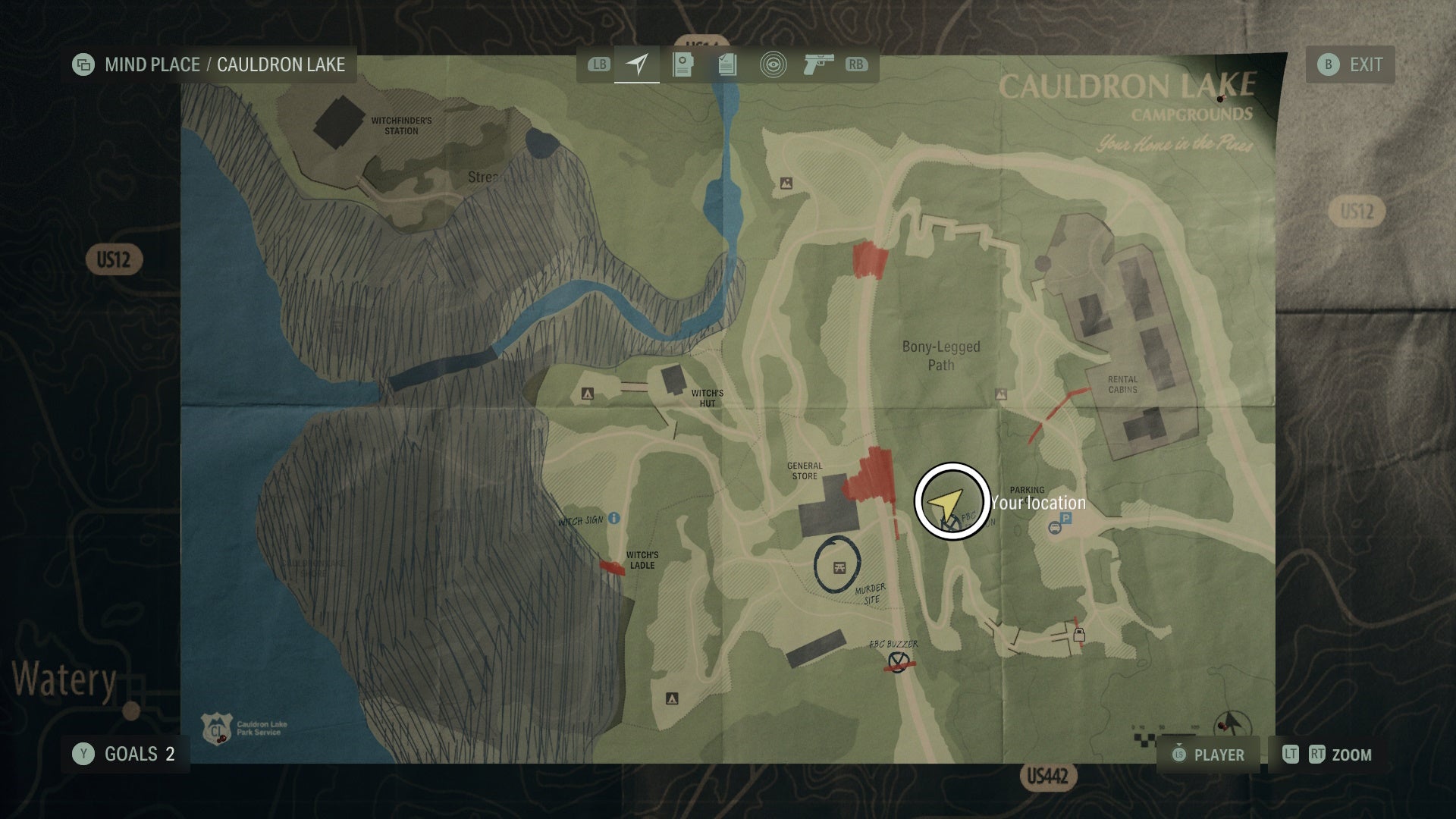 cauldron lake map of a lunch box location circled in white