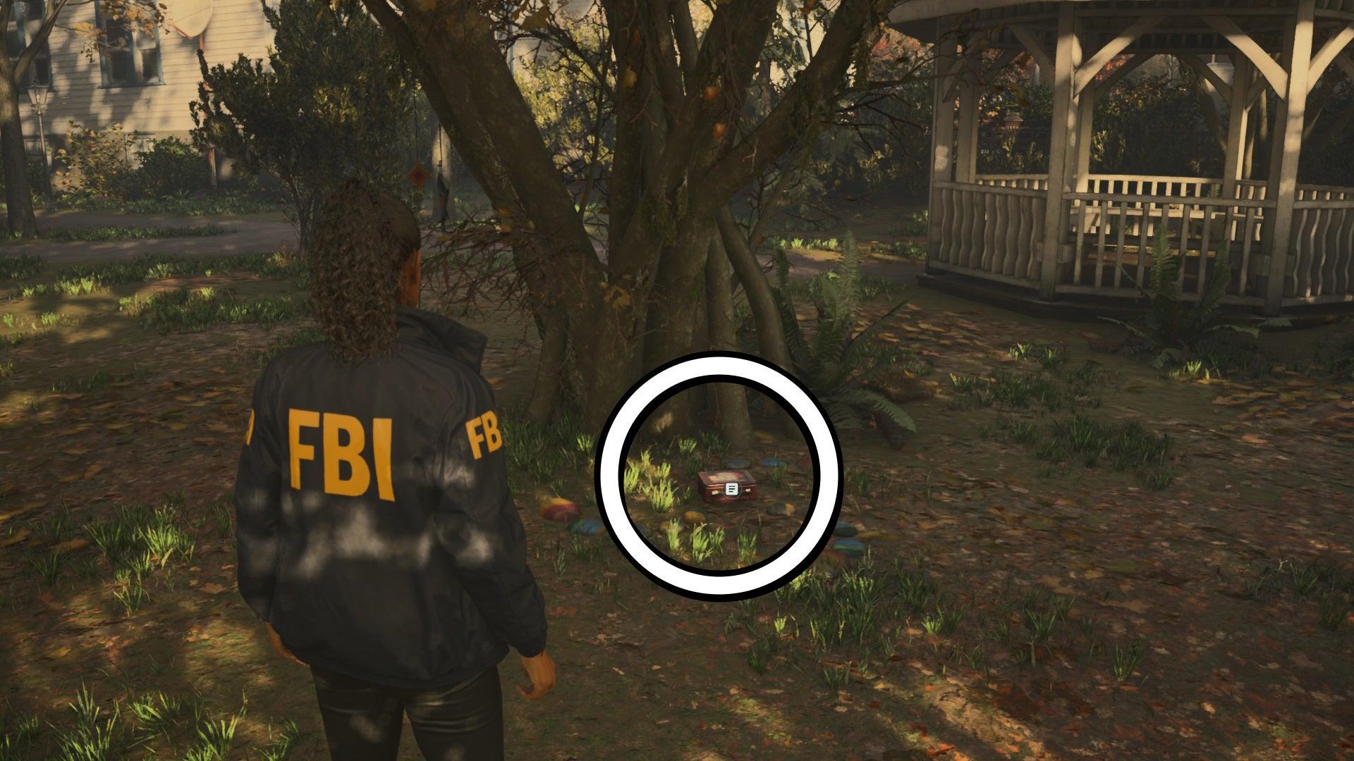 saga looking at a lunch box below a tree in a park, with a band stand in the background