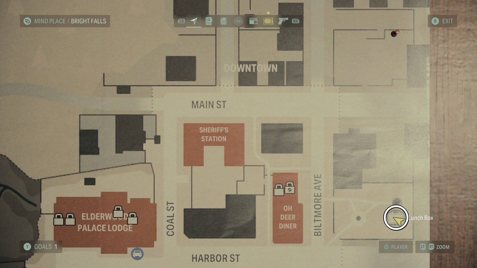 bright falls map of a lunch box location circled in white