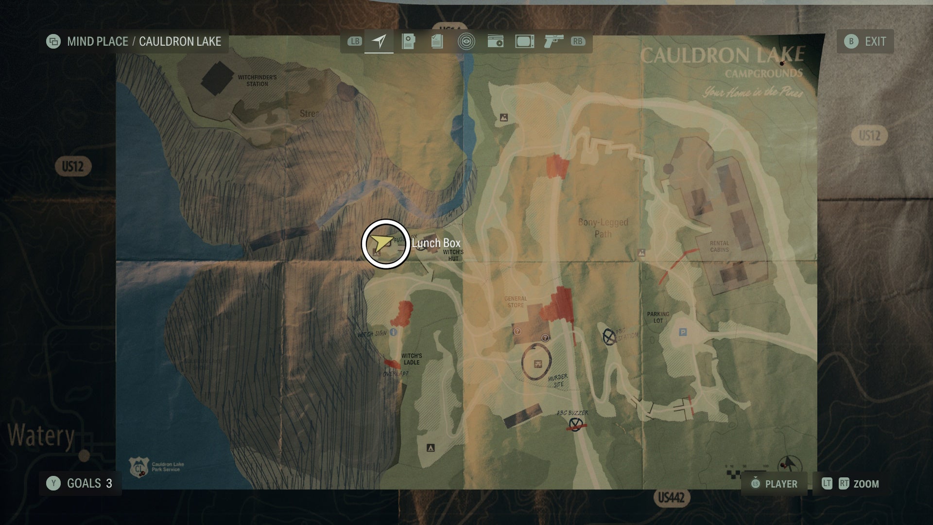 cauldron lake map of a lunch box location circled in white