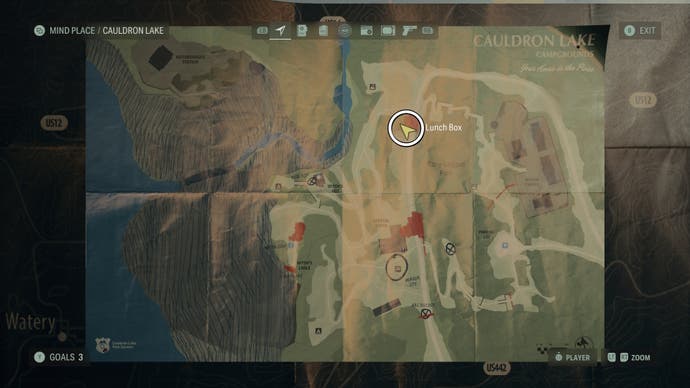 cauldron lake map of a lunch box location circled in white
