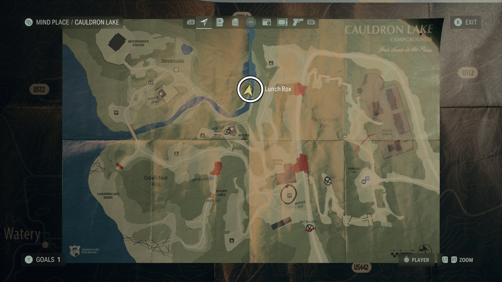cauldron lake map of a lunch box location circled in white