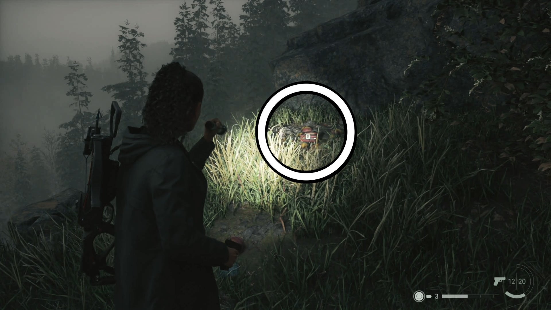 saga shining her flashlight on a lunch box in grass at the edge of a cliff