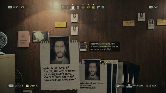 A selection of clues are being examined on Saga's evidence board in Alan Wake 2