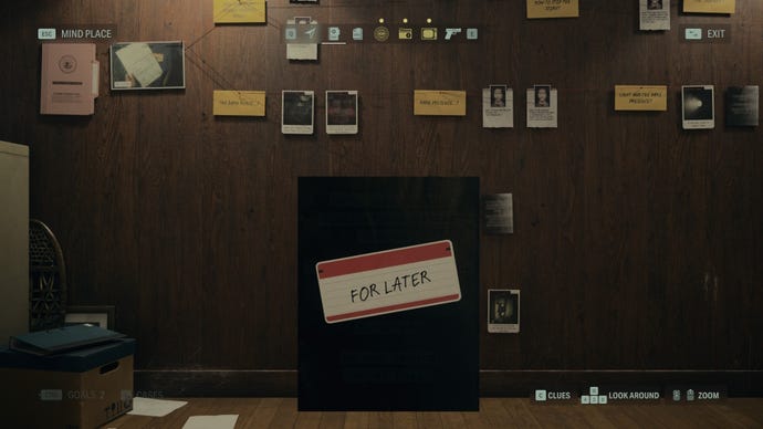 A photo clue is marked as For Later in Alan Wake 2