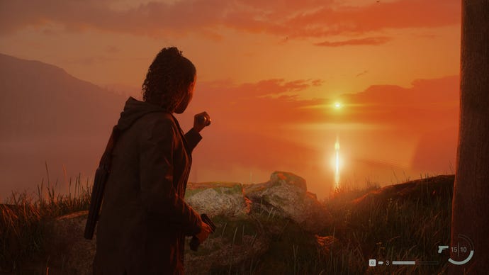 A woman looks out at a sunset on the edge of a cliff in Alan Wake 2