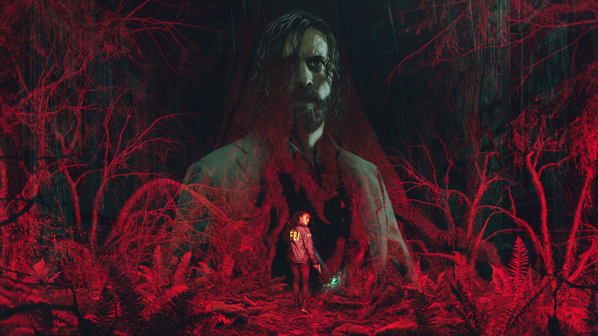The key art work for Alan Wake 2, showing Alan and FBI agent Saga in a red forest - 1
