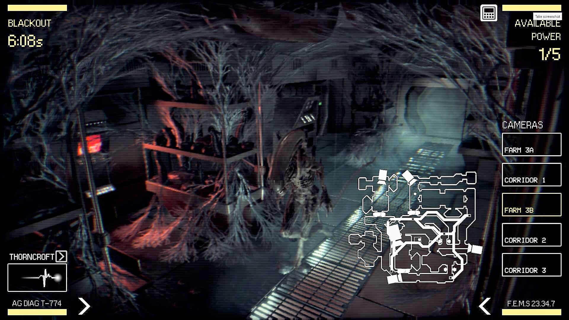 The Alien walking down a hallway as the player watches through a CCTV camera in Alien: Blackout