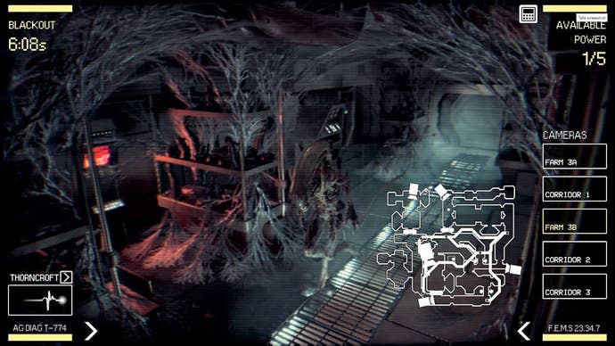 The Alien walking down a hallway as the player watches through a CCTV camera in Alien: Blackout
