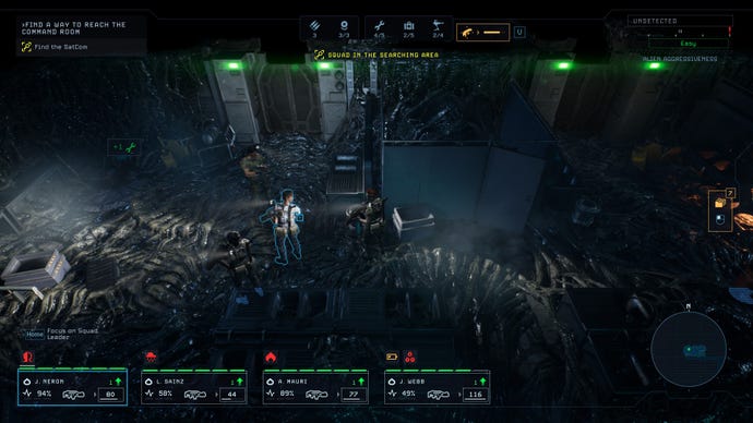 A command room that’s been taken over by a grey fleshy skin in Aliens Dark Descent