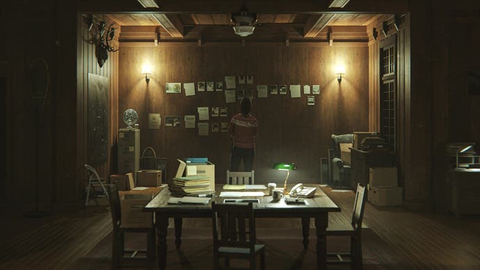 promotional image of saga in her mind place looking at her case board on a wooden wall, with her desk in the forefront