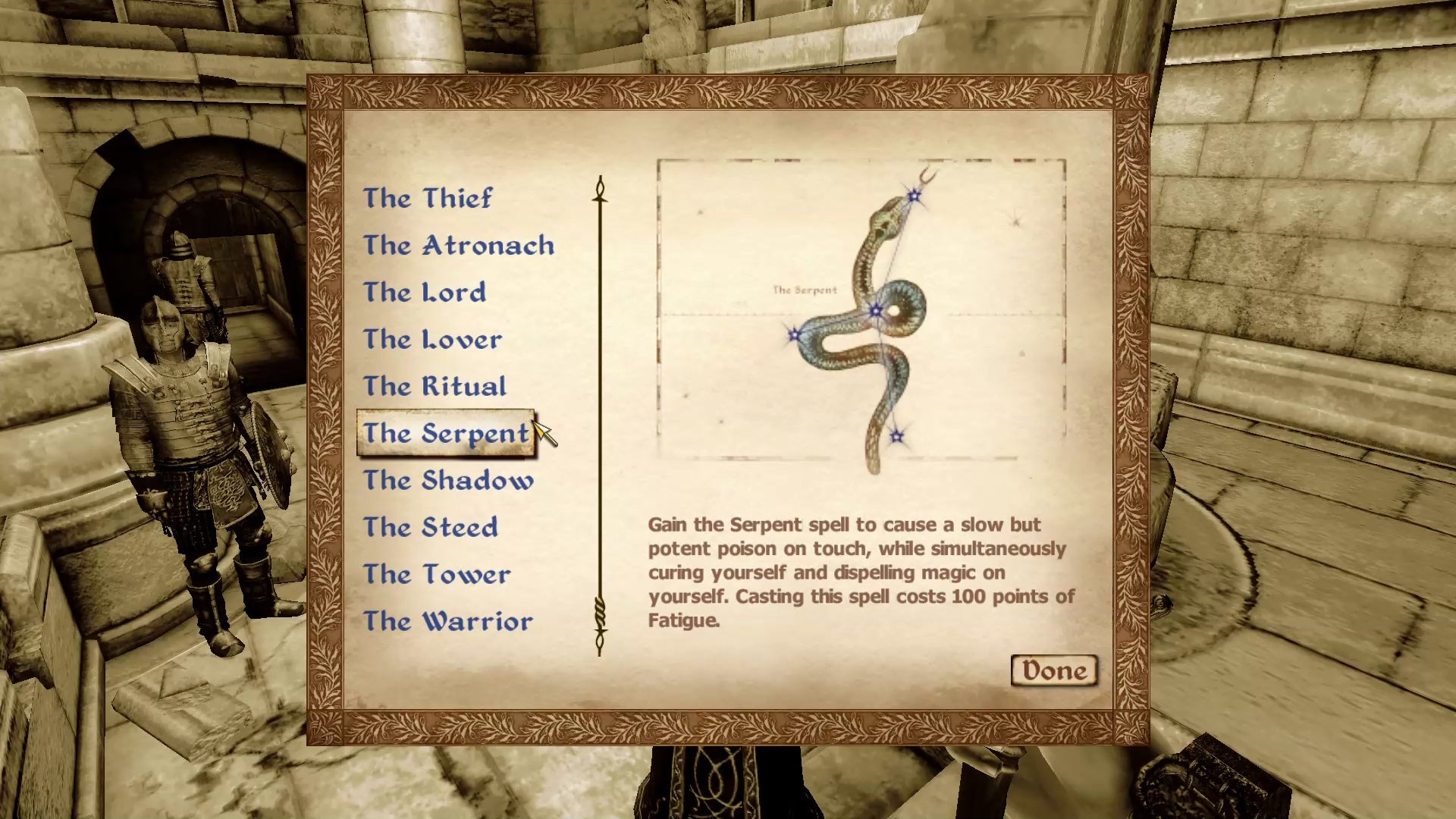The Serpent Birthsign in Oblivion.