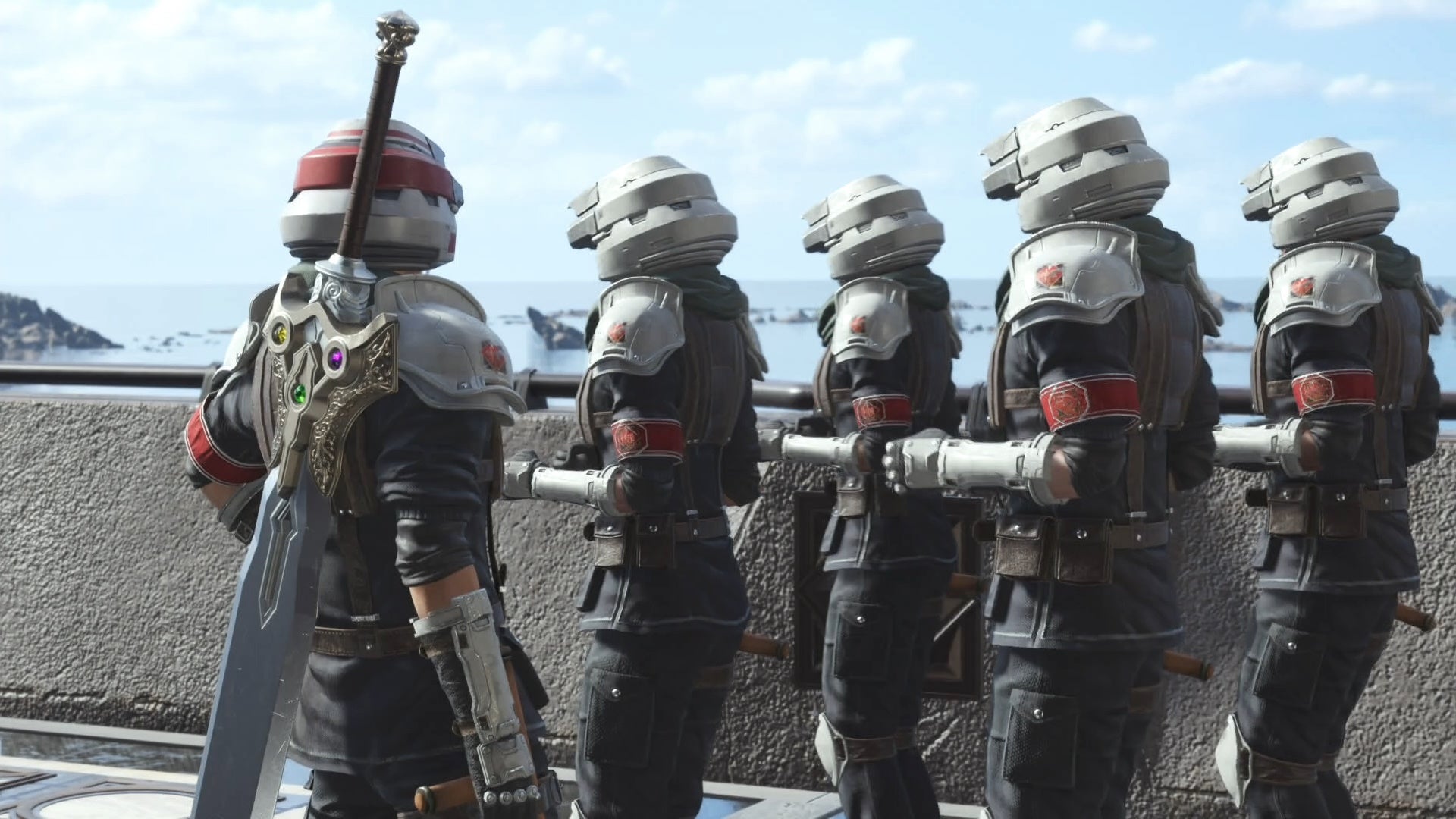 Cloud in Shinra captain uniform looking at Shinra troops hustling out of the way in Final Fantasy 7 Rebirth.