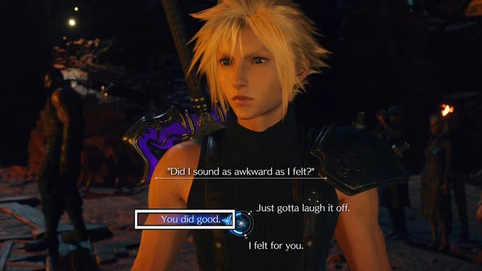 Picking the 'You did good' choice talking to Tifa at Cosmo Canyon in Final Fantasy 7 Rebirth.