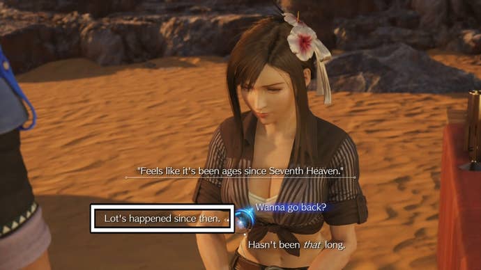 Picking the ‘Lot’s happened since then’ choice when talking to Tifa in Costa del Sol in Final Fantasy 7 Rebirth.
