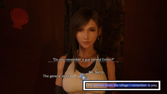 Picking the 'Only person from the village I remember is you' talking to Tifa at Junon Inn in Final Fantasy 7 Rebirth.