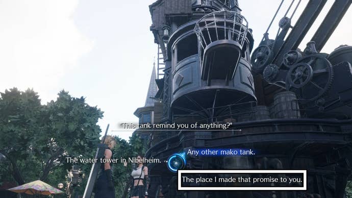 Picking the ‘The place I made that promise to you’ choice talking to Tifa at Kalm in Final Fantasy 7 Rebirth.