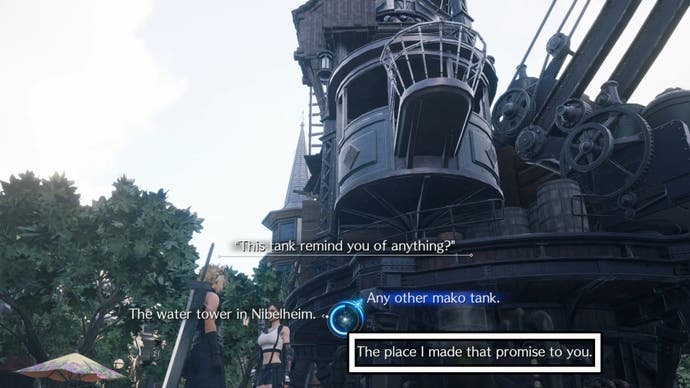 Picking the 'The place I made that promise to you' choice talking to Tifa at Kalm in Final Fantasy 7 Rebirth.