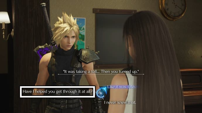 Picking the 'Have I helped you get through it at all?' choice talking to Tifa at Nibelheim  in Final Fantasy 7 Rebirth.