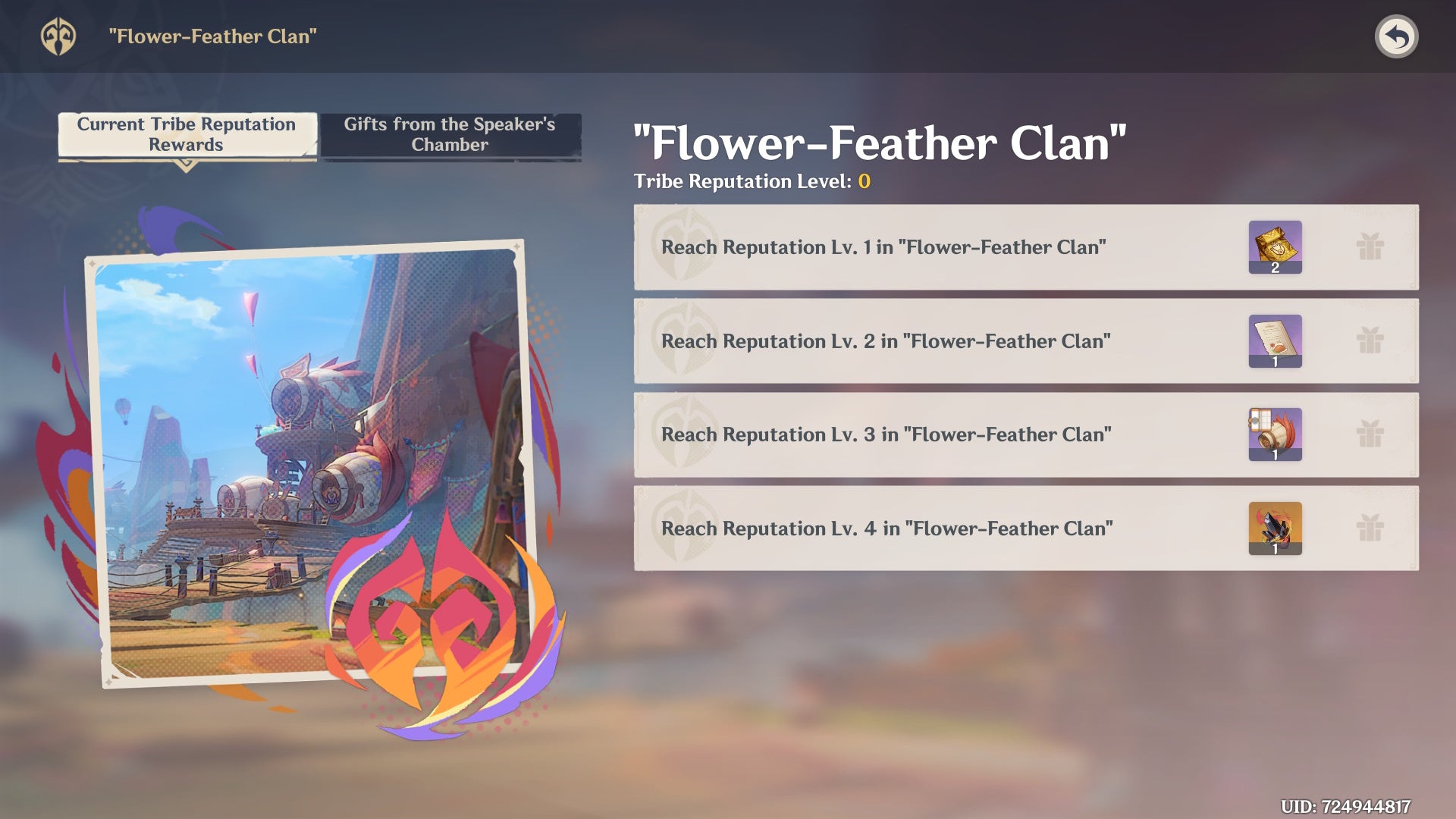 The Flower-Feather Clan Reputation rewards menu in Genshin Impact.