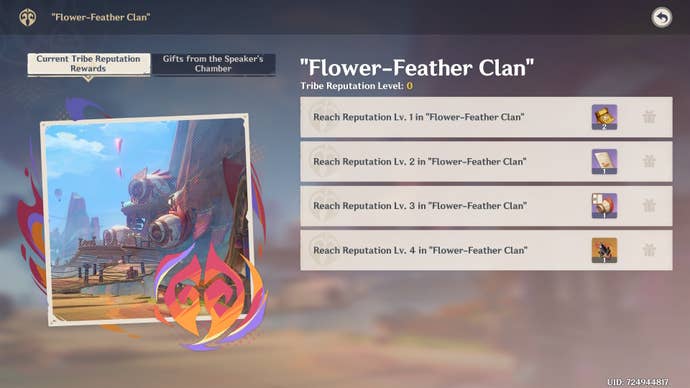 The Flower-Feather Clan Reputation rewards menu in Genshin Impact.
