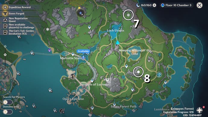 map view showing two shrine of the depths locations numbered and circled in fontaine region