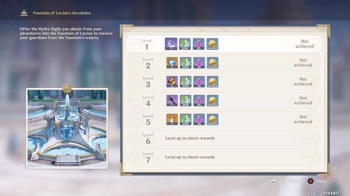 Menu showing the first five levels of fountain of lucine rewards with a blurred background.