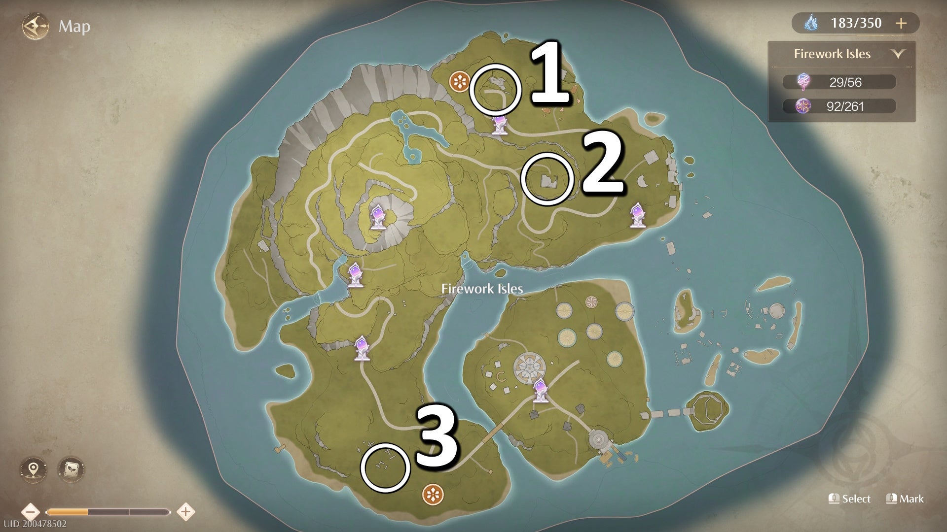 Numbers and circles showing three firework location to open Gloomy Cavern on Firework Isles in Infinity Nikki.