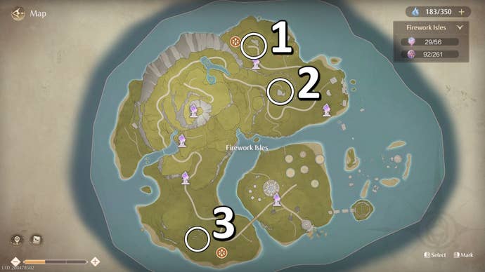 Numbers and circles showing three firework location to open Gloomy Cavern on Firework Isles in Infinity Nikki.