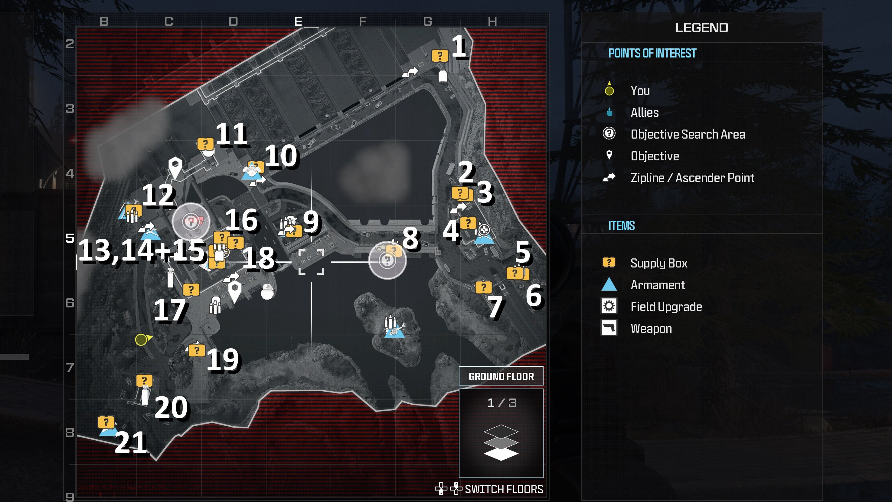 tactical map view of the gora dam map with item and weapon location marked with white numbers