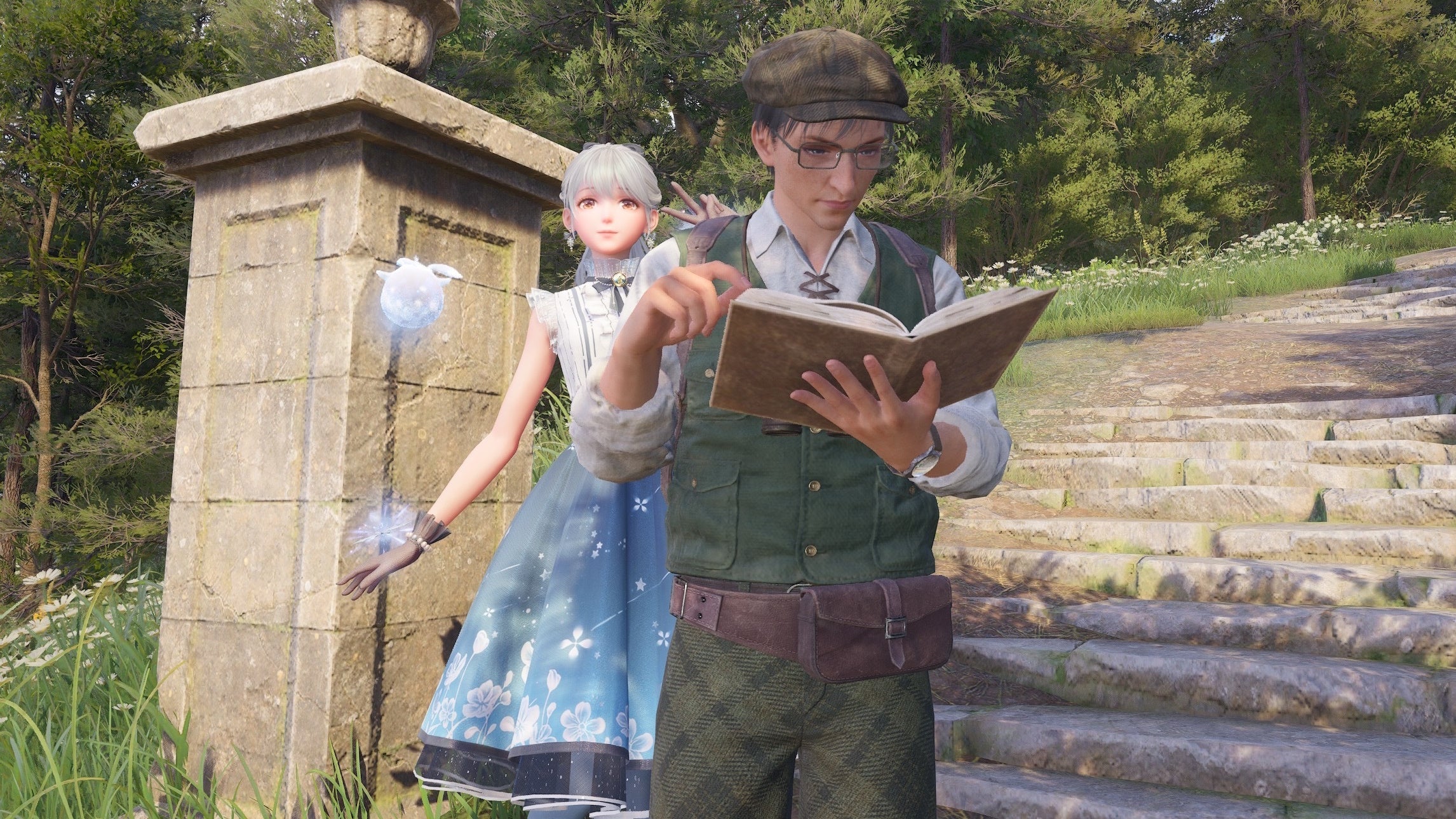 Nikki doing the peace sign behind Aventura in Infinity Nikki.