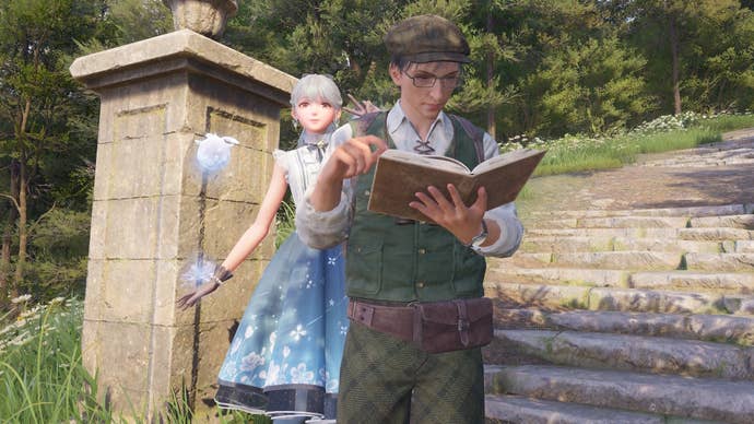 Nikki doing the peace sign behind Aventura in Infinity Nikki.