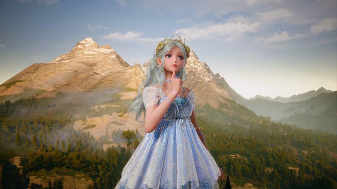 Nikki posing in front of a mountain backdrop in Infinity Nikki.