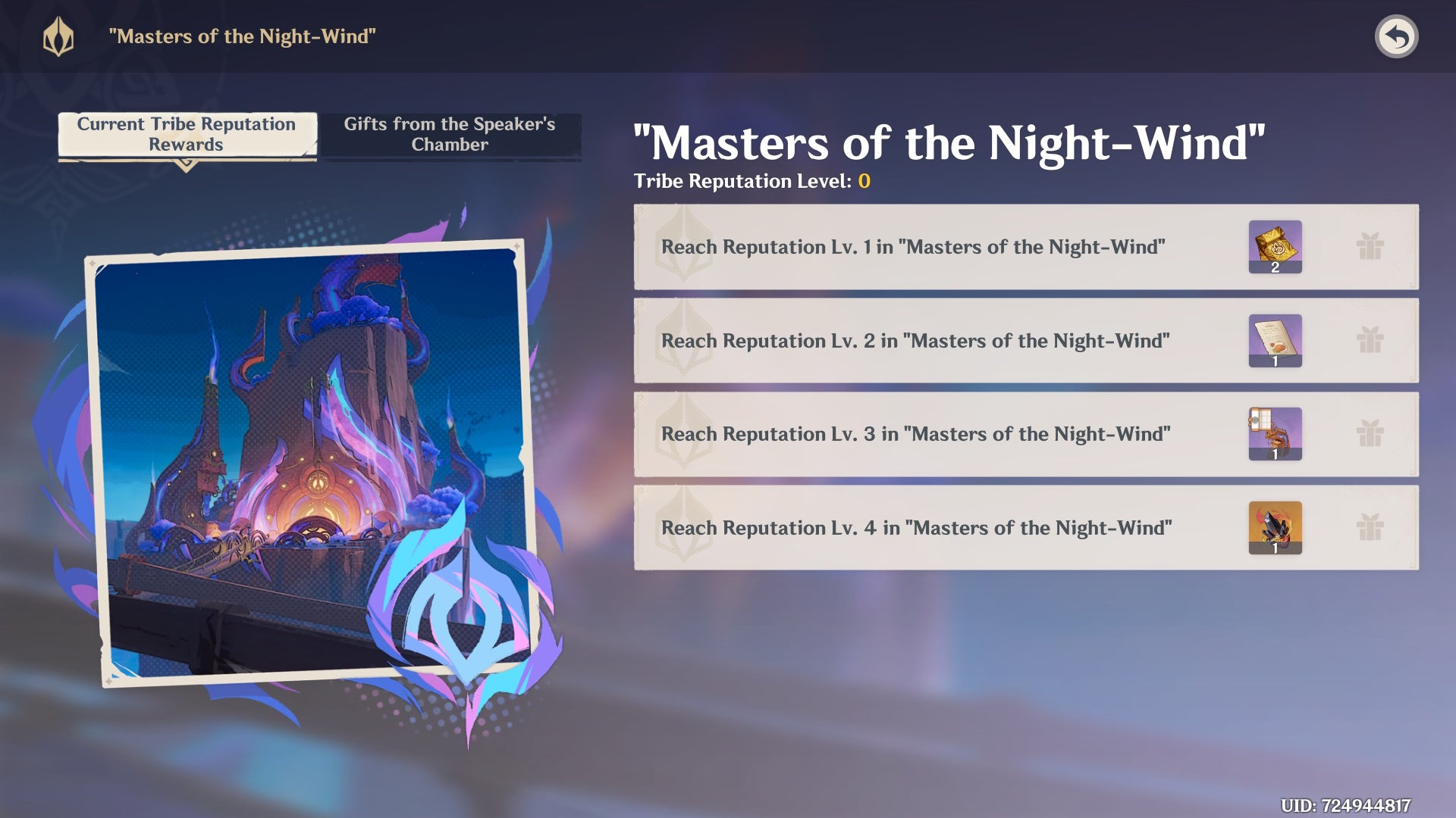 Masters of the Night-Wind Reputation rewards menu in Genshin Impact,