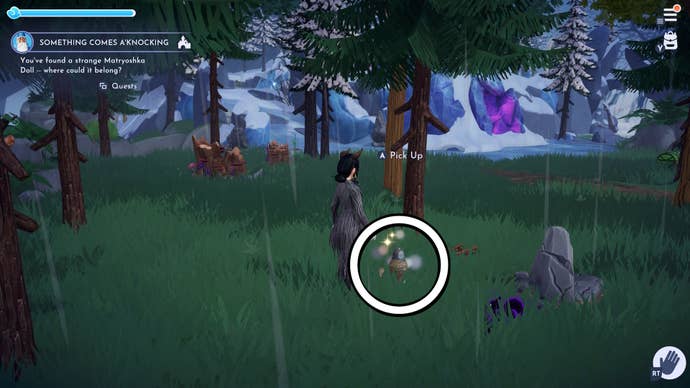 a doll location circled on the grass near a trees and a patch of ice in the forest of valor area in disney dreamlight valley