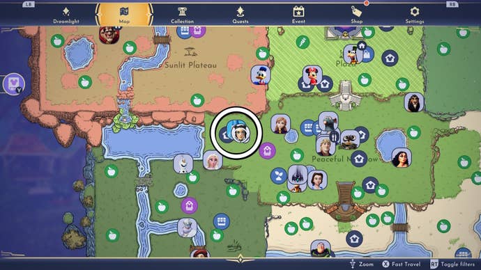 a doll location in peaceful meadow circled on the map