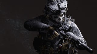 ghost on a black background holding a rifle up and aiming down to the right