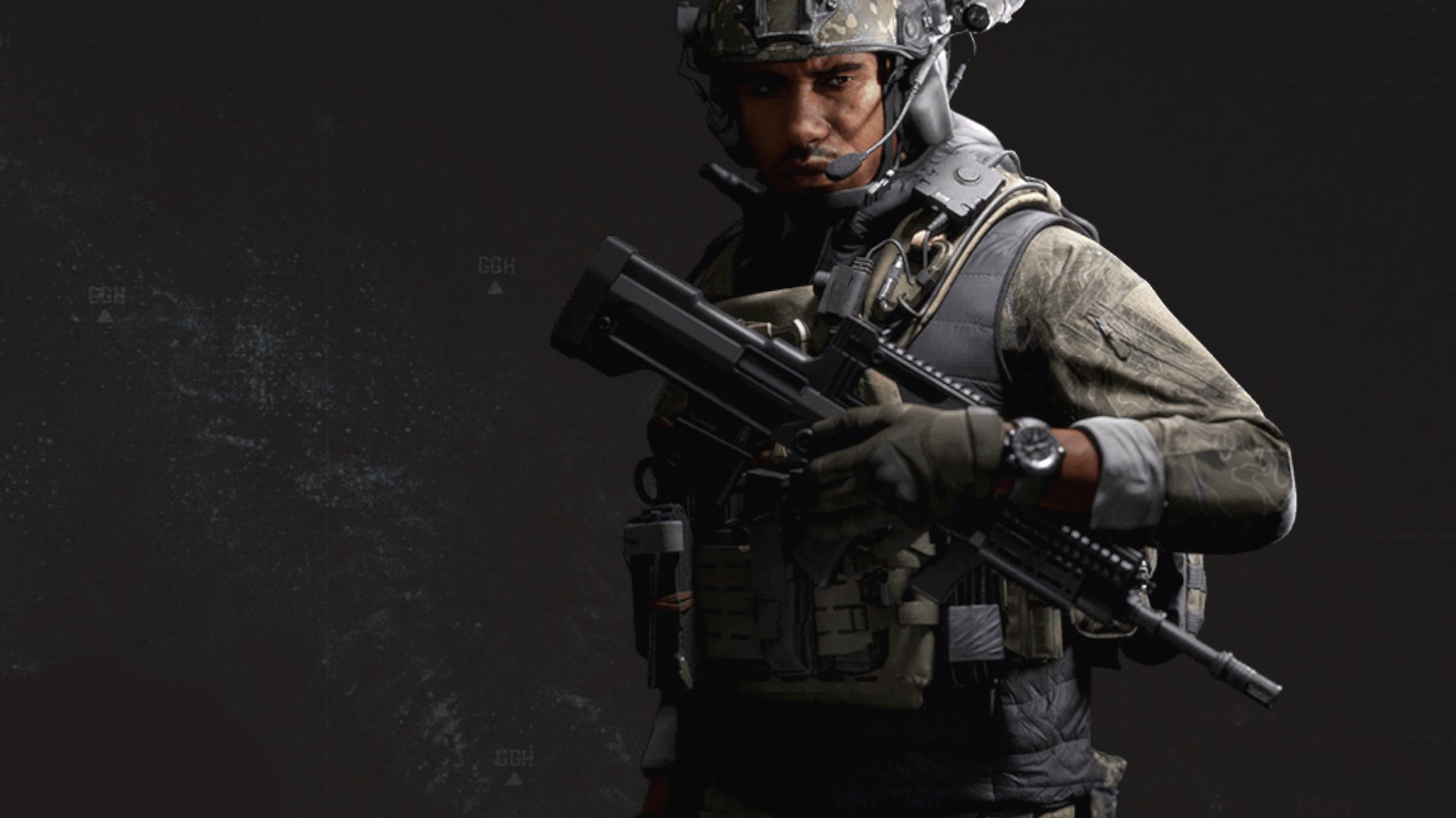 gaz with a rifle slung over his chest standing on a black background
