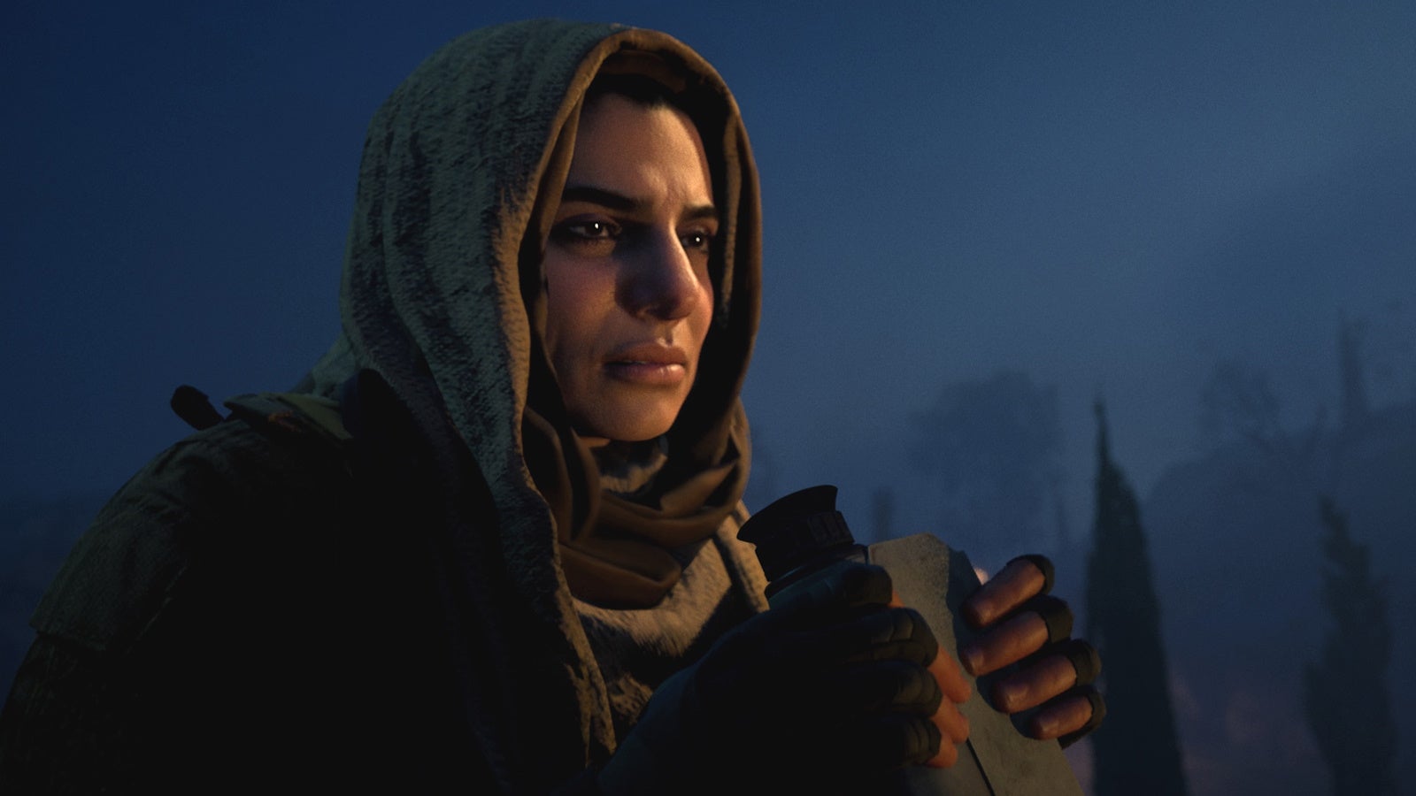 farah holding binoculars at night