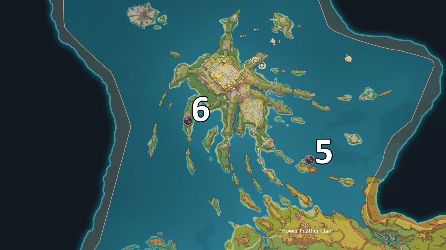 Numbers marking the locations of two Natlan Shrine of the Depths in Genshin Impact.