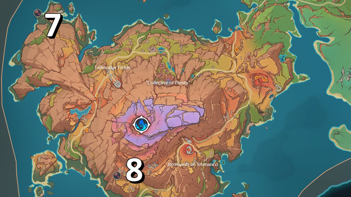 Map of Atocpan region in Natlan with two Shrine of Depth locations marked with white numbers.