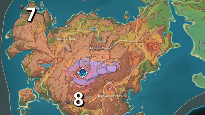 Map of Atocpan region in Natlan with two Shrine of Depth locations marked with white numbers.