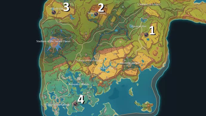 Map of Natlan with four Shrine of Depth locations and numbers beside them.