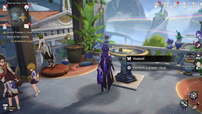 Acheron looking a Nymph in Okhema in Honkai Star Rail.