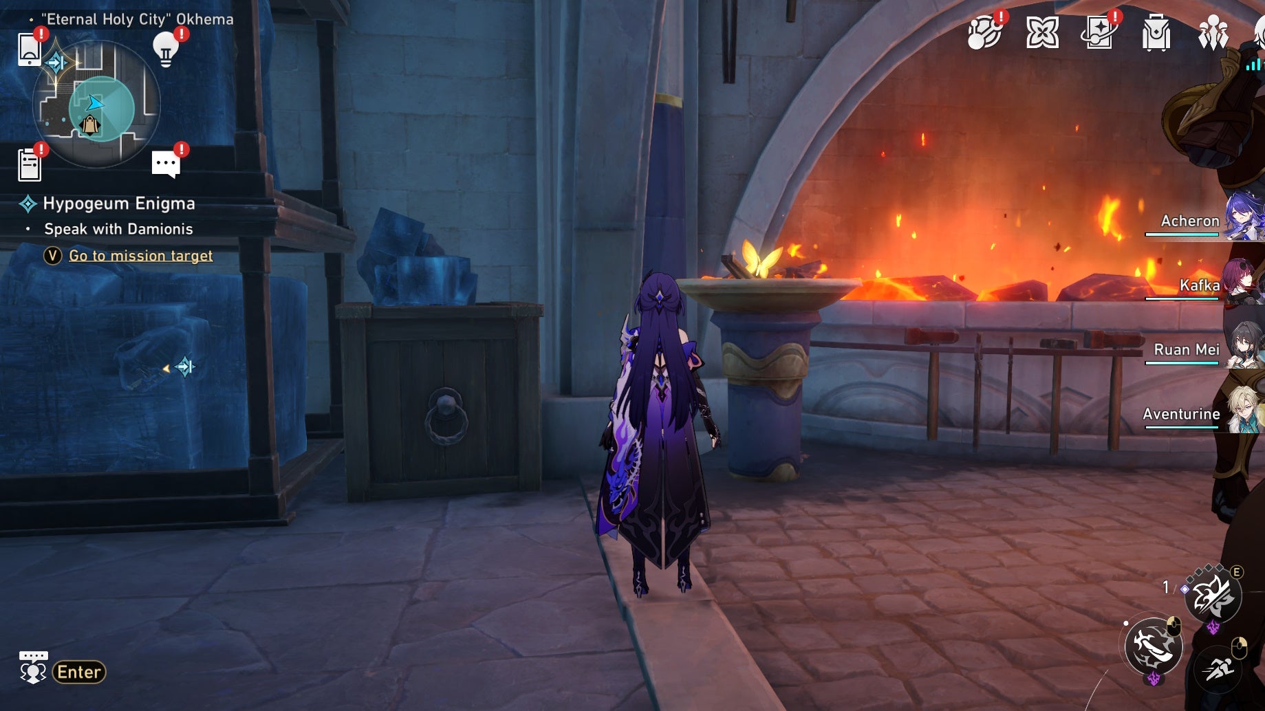 Acheron looking a Nymph in Okhema in Honkai Star Rail.