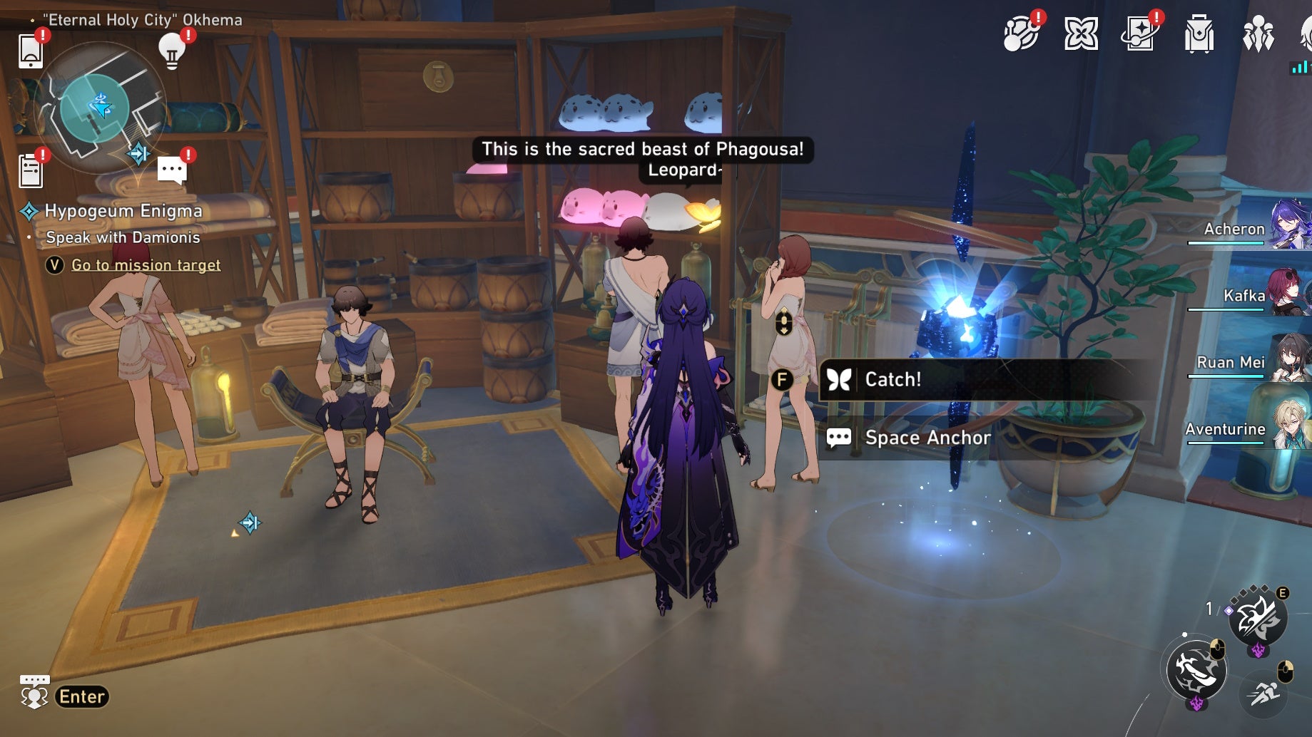 Acheron looking a Nymph in Okhema in Honkai Star Rail.