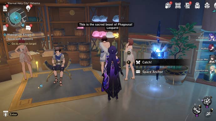 Acheron looking a Nymph in Okhema in Honkai Star Rail.