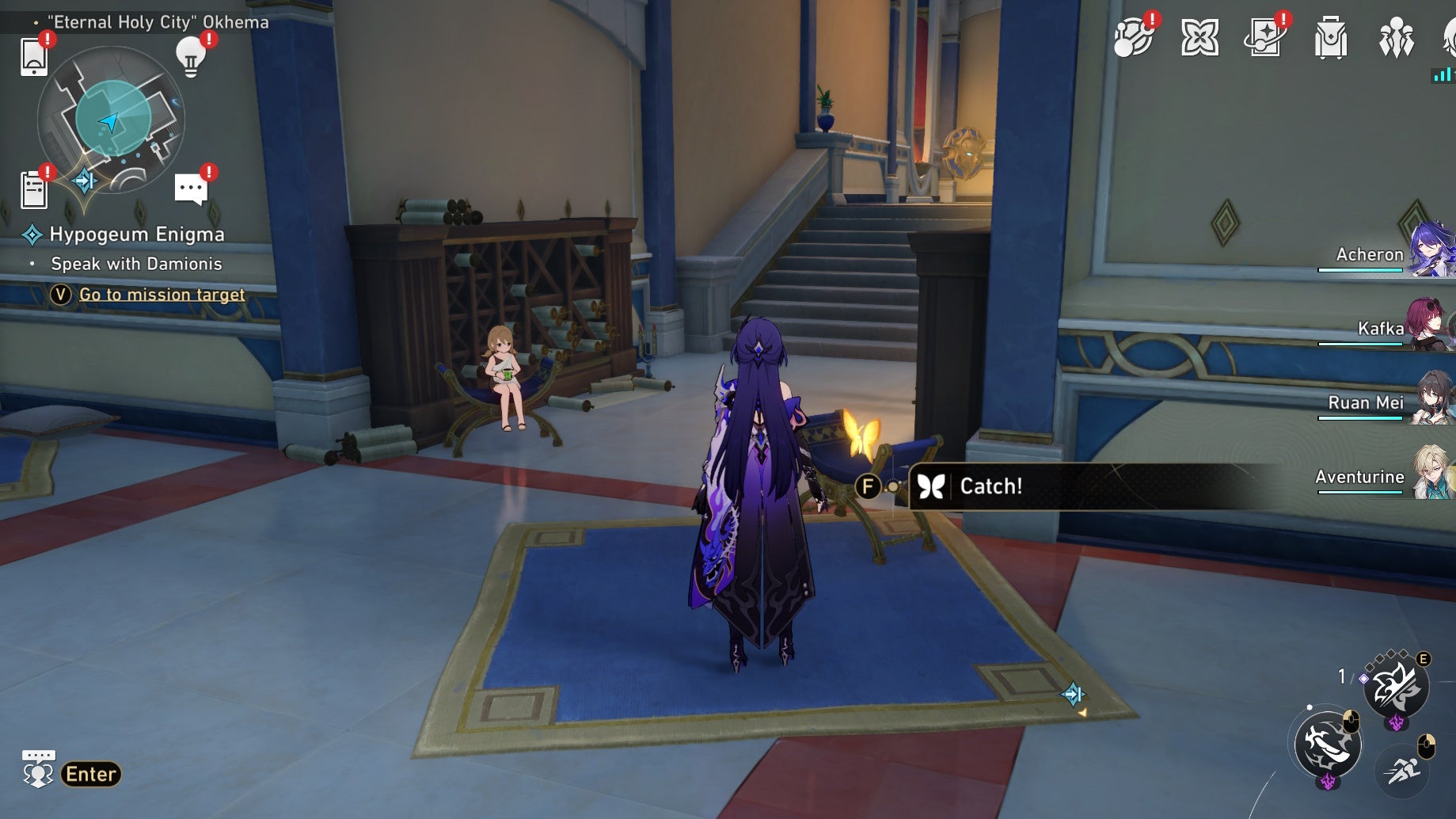 Acheron looking a Nymph in Okhema in Honkai Star Rail.